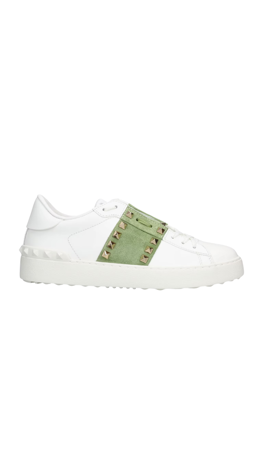Rockstud Untitled Sneaker In White/Green Calfskin Leather With Tonal Studs