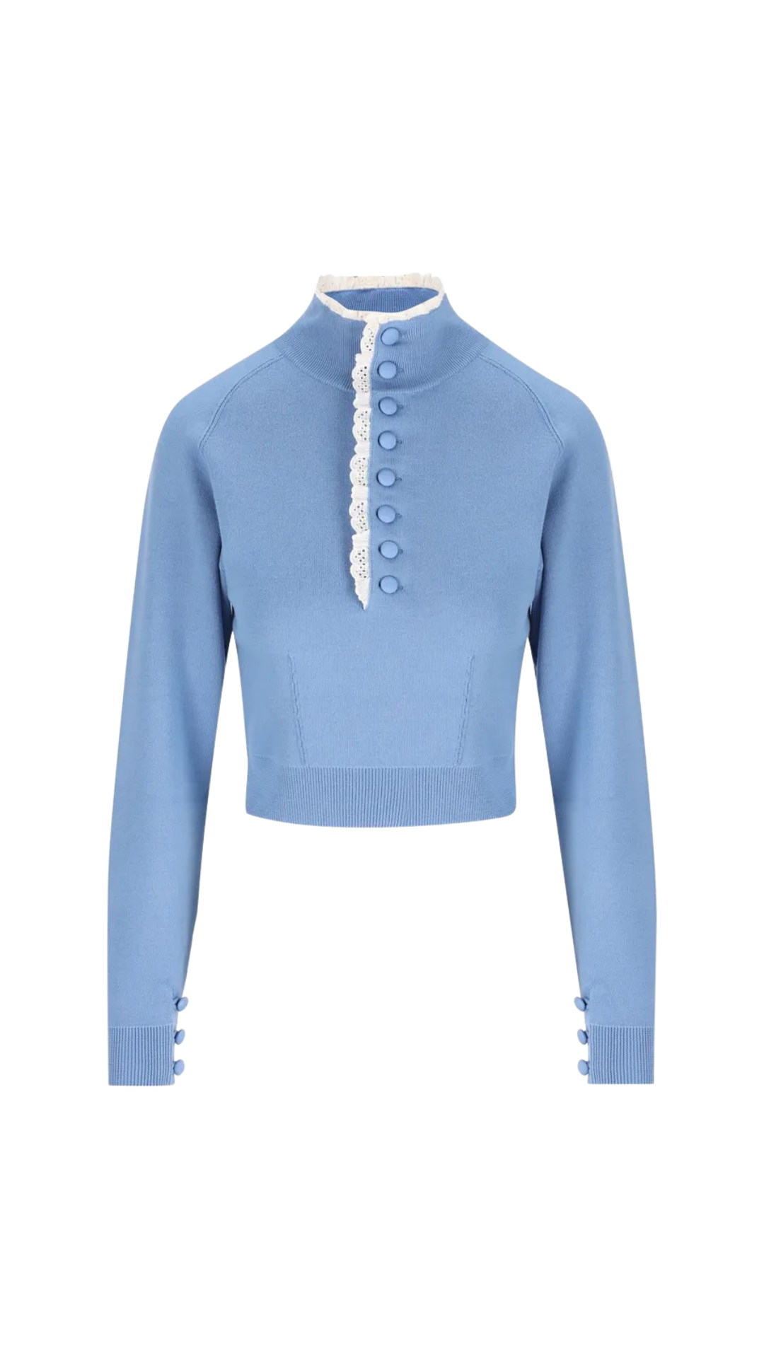 High-Neck Sweater in Blue Wool Knit & Lace