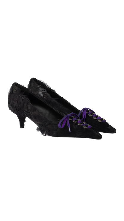 Feather-Embellished Satin Pumps in Black