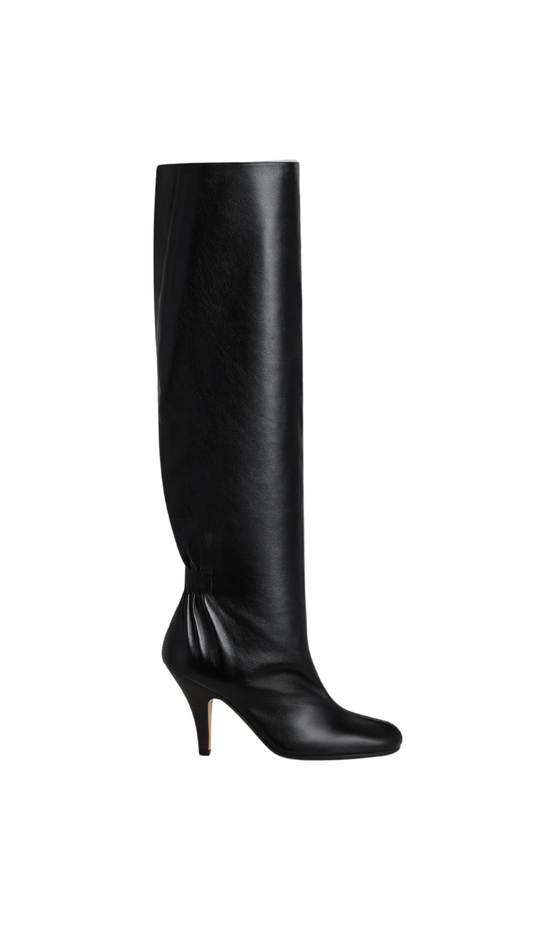 Slouchy High Boot in Black Leather