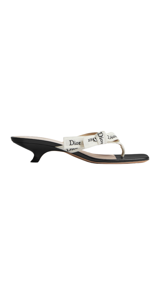 J'Adior Heeled Thong Sandal White Embroidered Cotton and Black Lambskin
