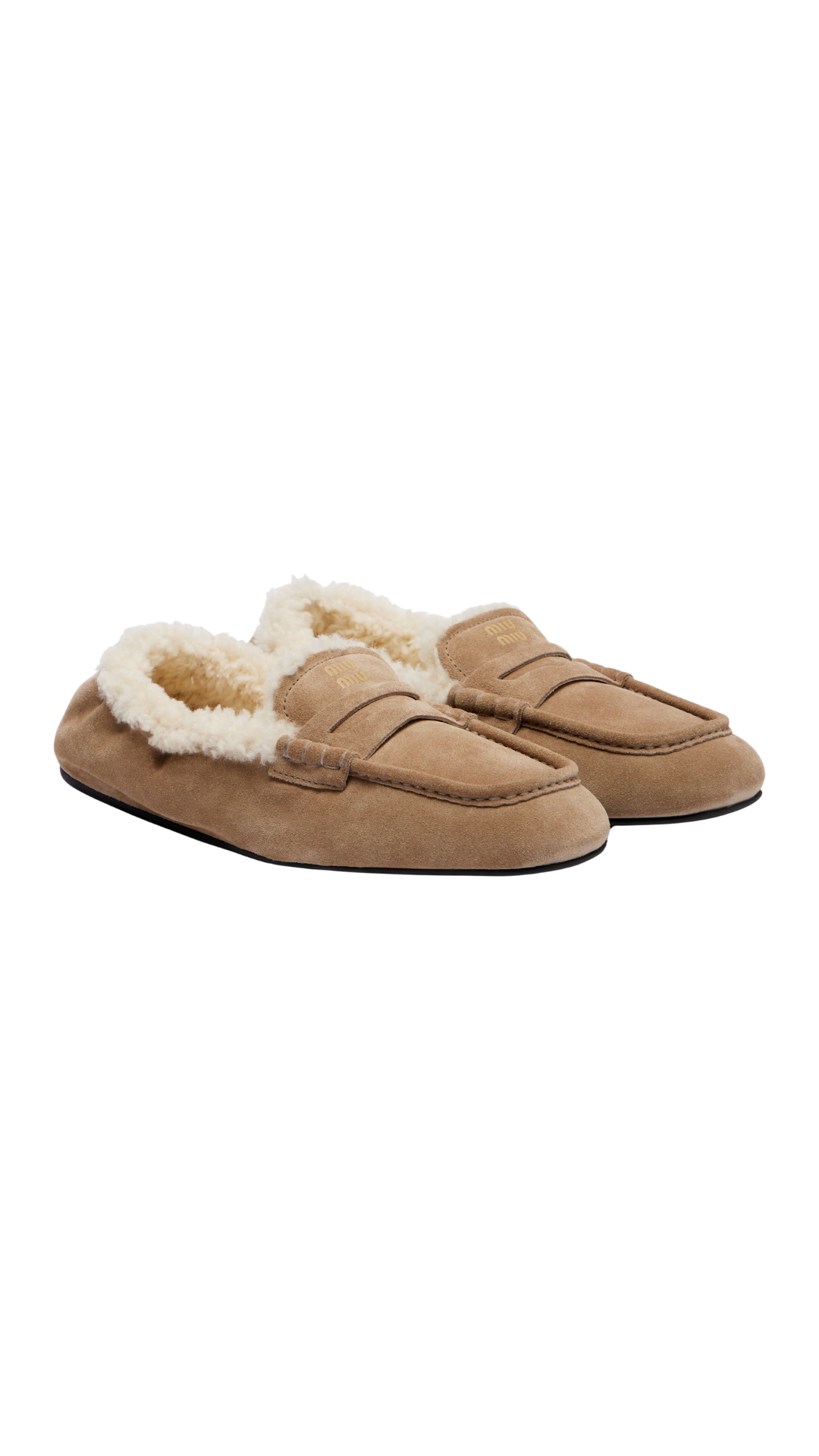 Shearling-Lined Suede Penny Loafers in Beige