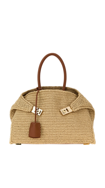 Raffia Small Hug Handbag in Natural nude/Natural Brown