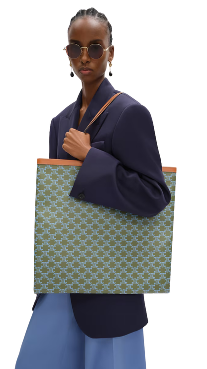 Large Flat Shopper in Light Kaki / Sky Blue Triomphe Canvas