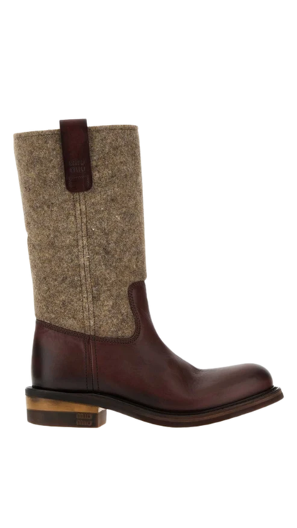 Leather and Drill Mid-Calf Boots