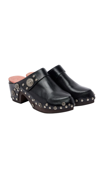 Talis Studded Leather Clogs in Black