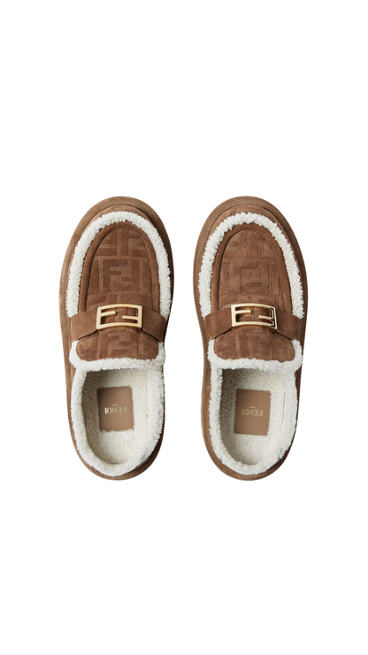 Apres Chic in Brown FF Suede and Shearling Sabots