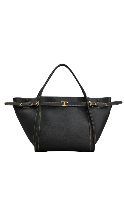 T Signature Shopping Bag in Black Leather Small