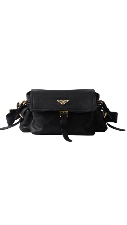 Explore Medium Nappa Leather Shoulder Bag with Flap in Black