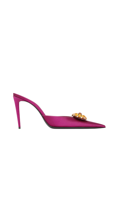 Cosmo Mules in Smashed Prune Satin Crepe and Crystals