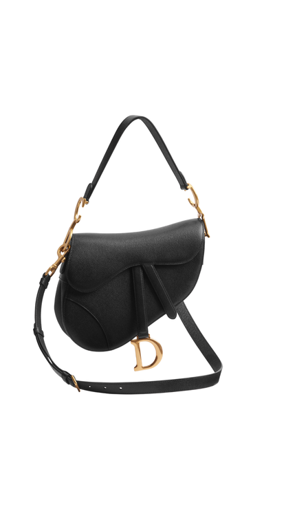 Saddle Bag with Strap in Black Grained Calfskin