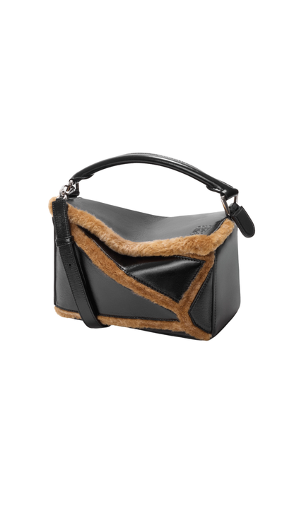 Small Puzzle Aviator Bag in Black/Brown Glossy Lambskin and Shearling