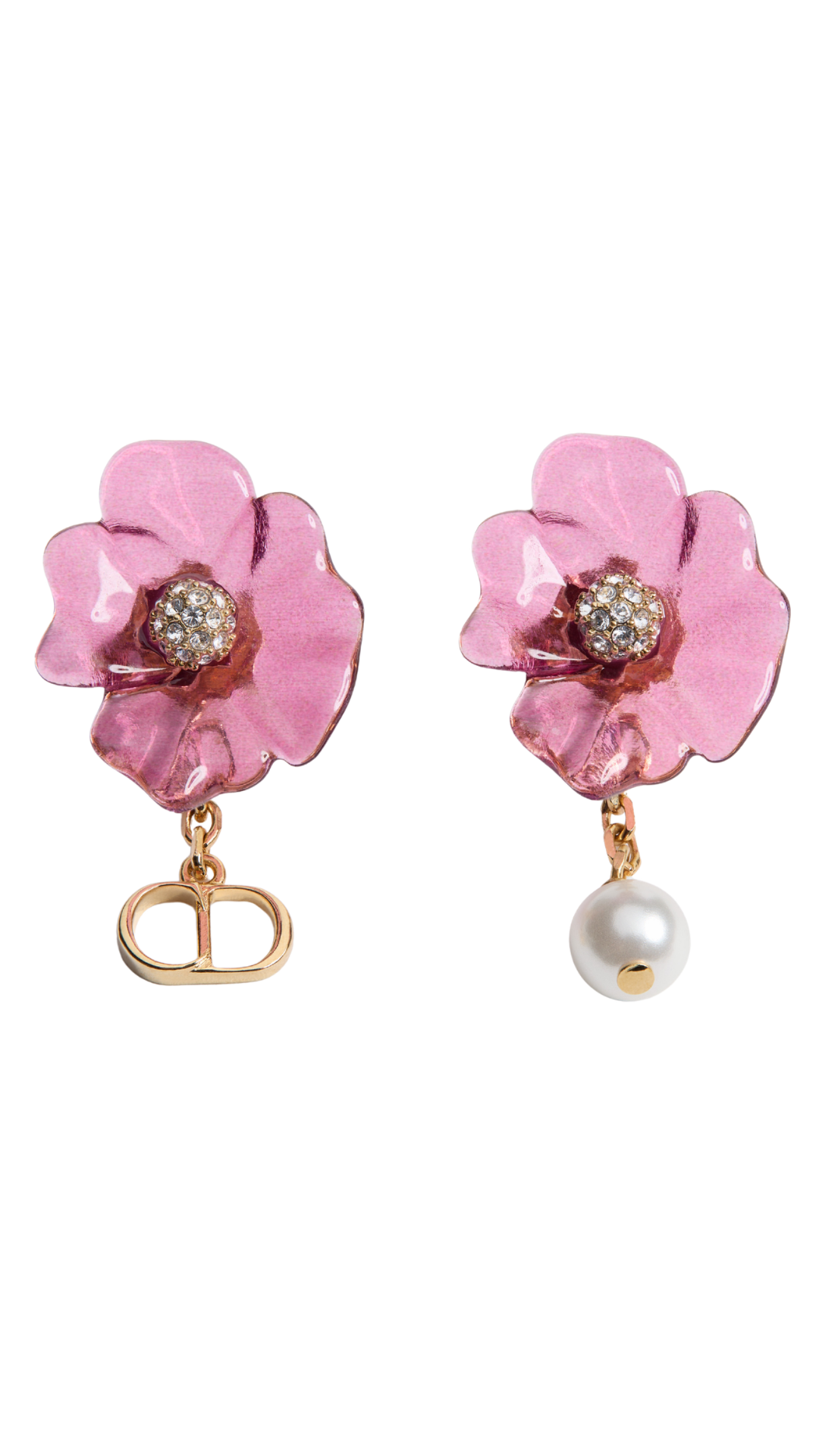 Dioriviera Brush & Bloom Earrings in Gold-Finish Metal, White Resin Pearl, Pink Watercolor-Effect Resin and Crystals