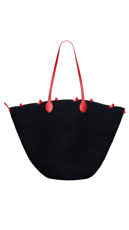 Large Triomphe Beads Basket in Black/Red Sisal and Calfskin
