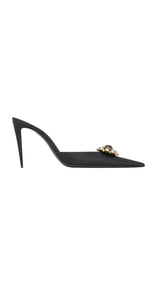 Cosmo Mules in Black Satin and Crystals
