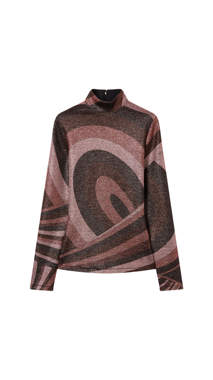 Iride Print High-Neck Lurex Top in Brown and Pink