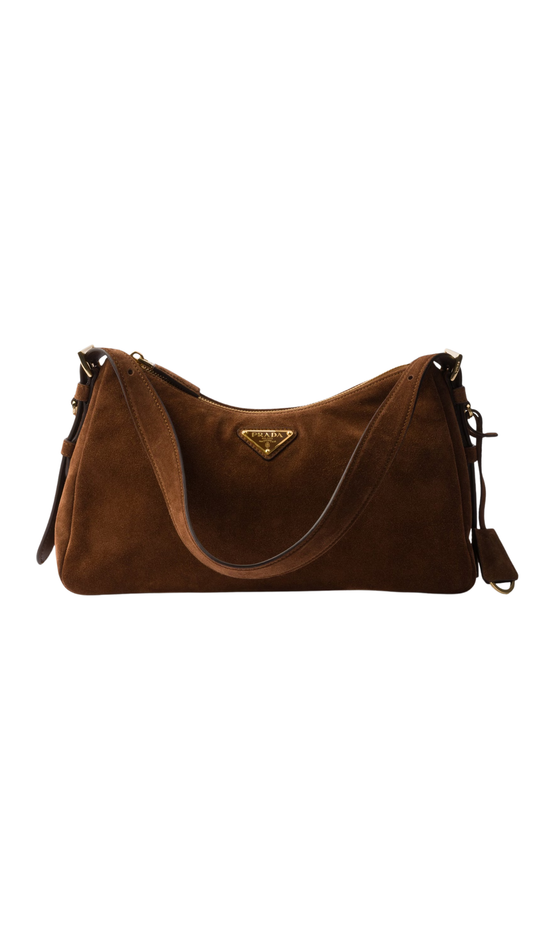 Prada Aimée Medium in Cocoa Brown Suede Shoulder Bag