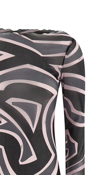 Abstract-Printed Crewneck Maxi Dress in Black