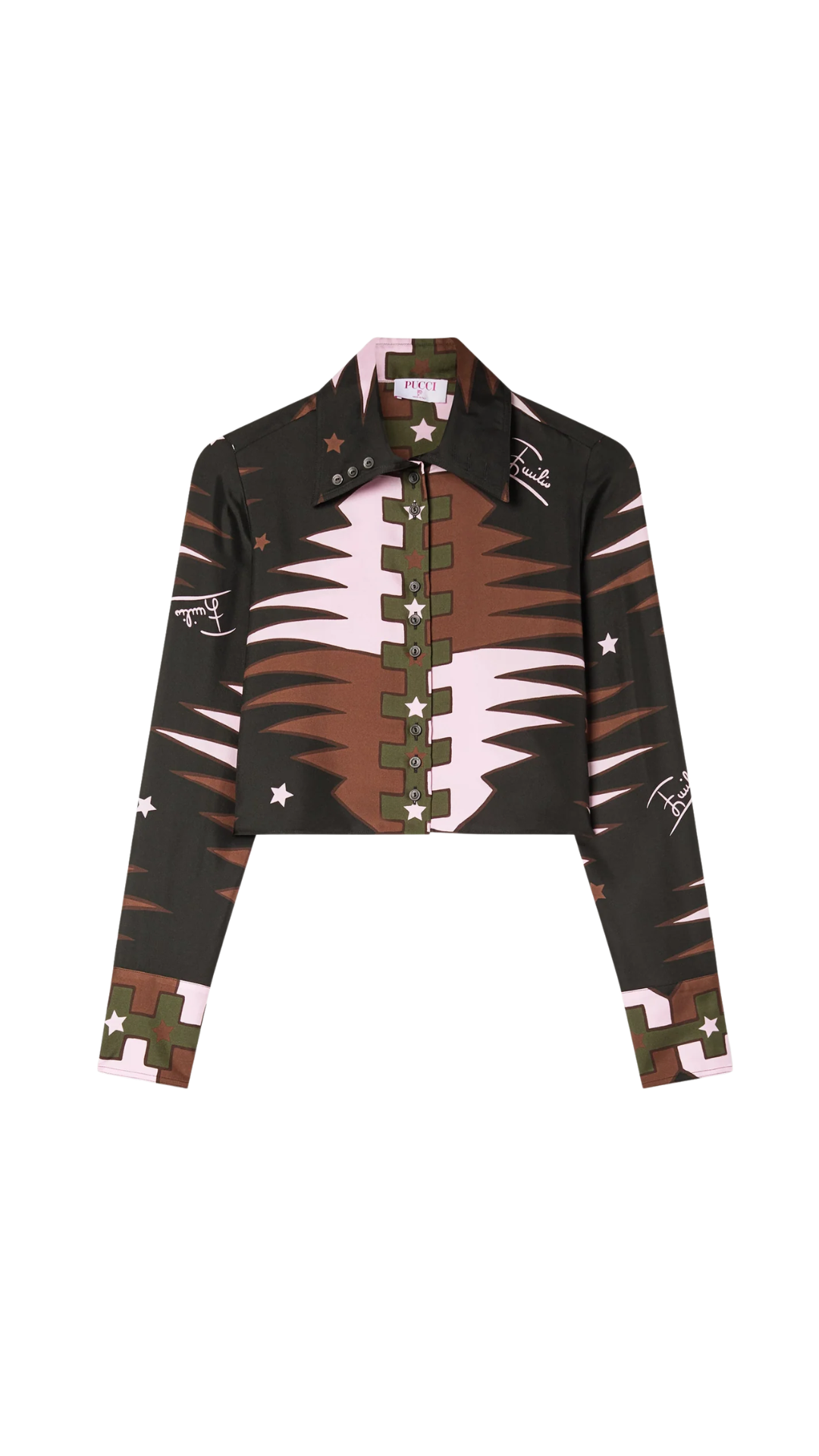 Valdimontone Print Silk Crop Shirt in Khaki and Pink