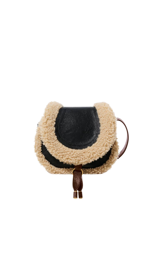 Small Marcie Saddle Bag in Black Shearling & Grained Leather