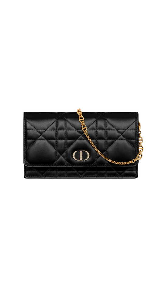 Dior Caro Pouch with Chain and Crystals in Black Macrocannage Lambskin