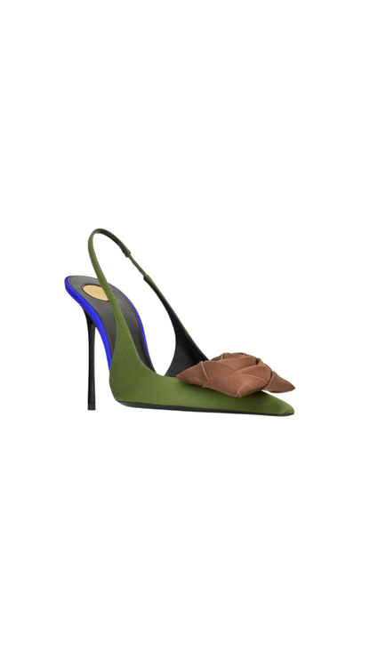 Amalia Slingback Pumps In Dark Olive & Pecan Brown Satin Crepe