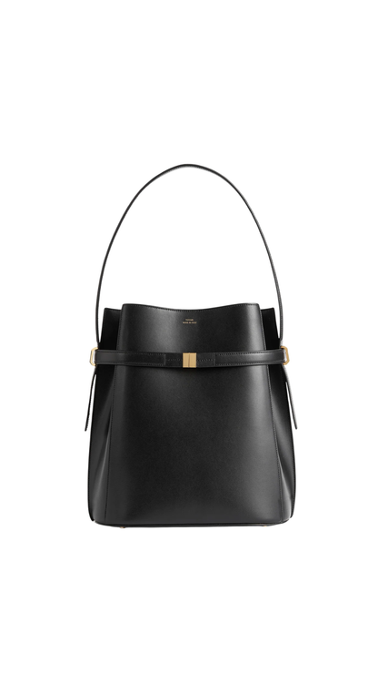 Belted Leather Bucket Bag Black
