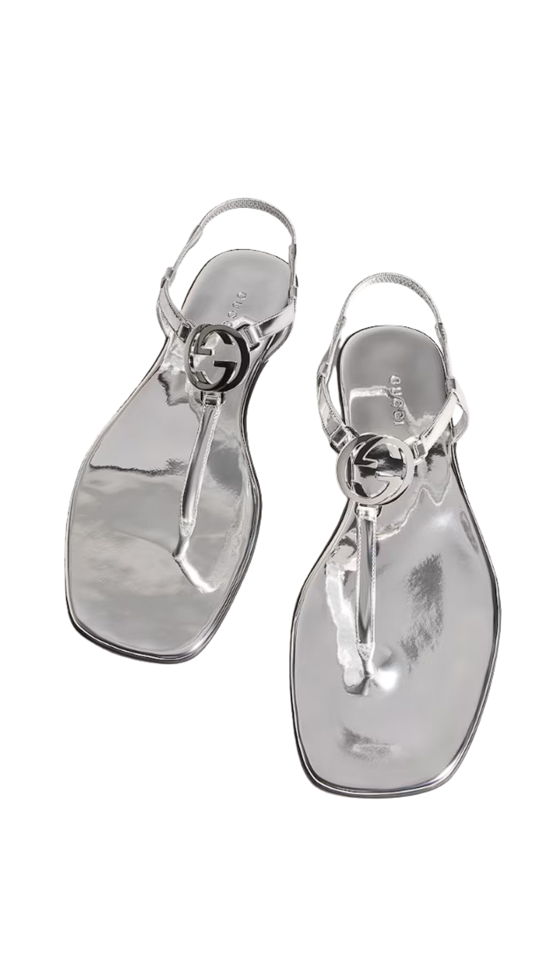 Thong Sandal with Interlocking G in Metallic Silver Leather