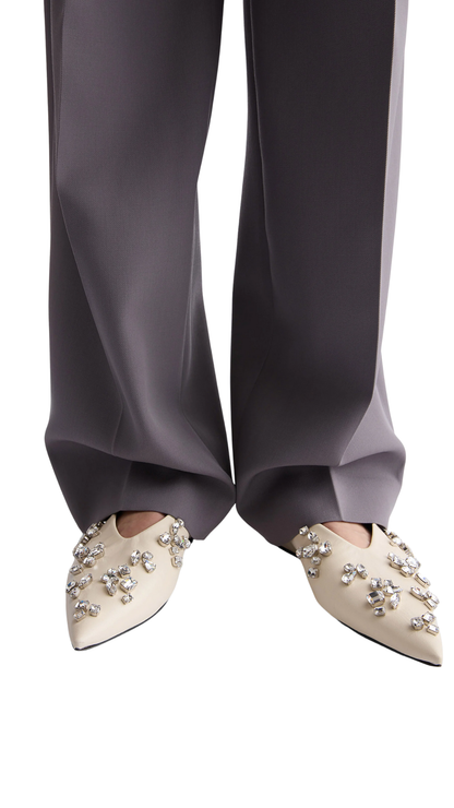 Ballerina in Eggshell Flat Leather Ballerinas with Pointed Toe and Crystals