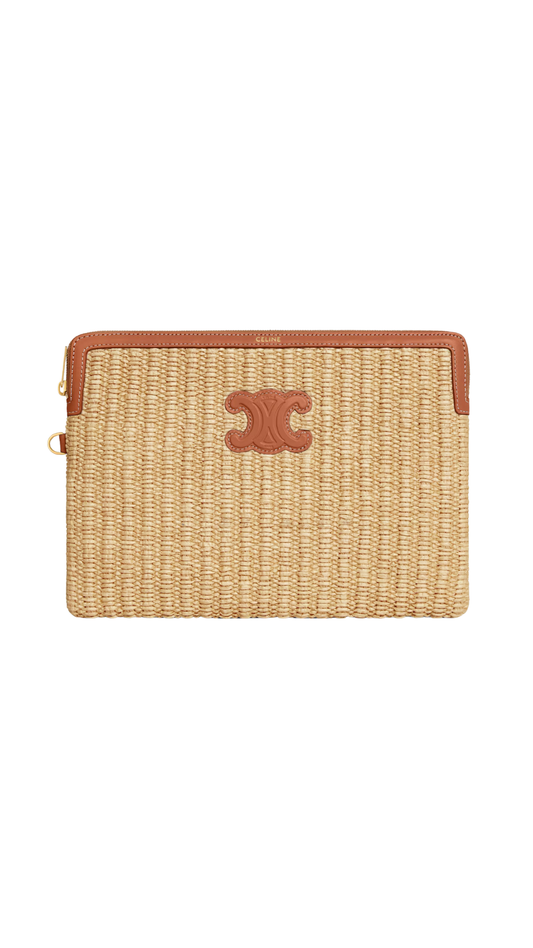Small Pouch With Strap In Raffia Effect Textile And Calfskin