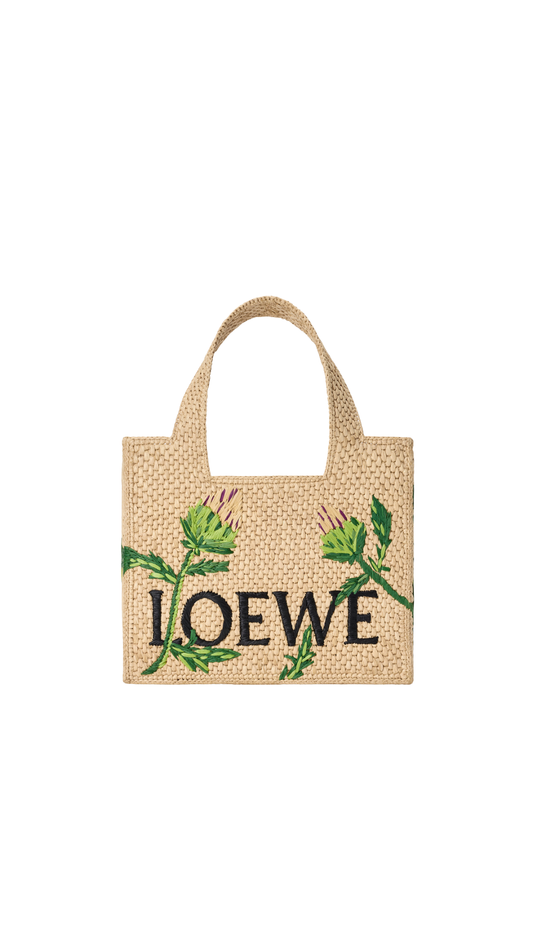 Small Loewe Font Tote In Natural/Green Raffia