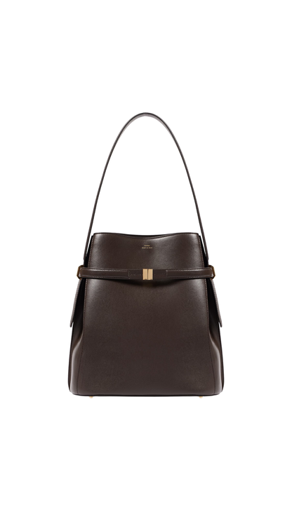 Belted Leather Bucket Bag in Brown
