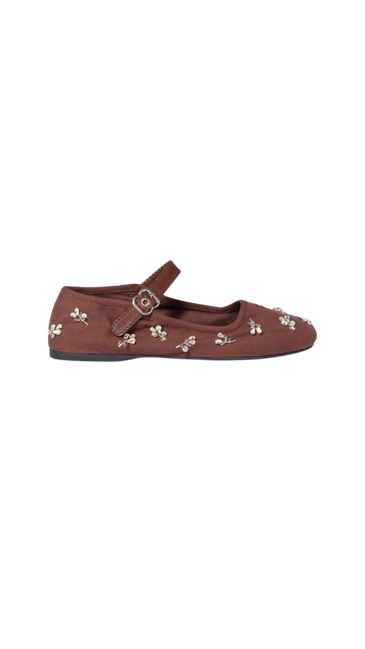 Embroidered Drill Ballerinas in Cocoa Brown