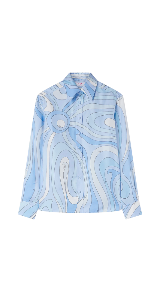 Marmo Print Silk Shirt in Pale Blue