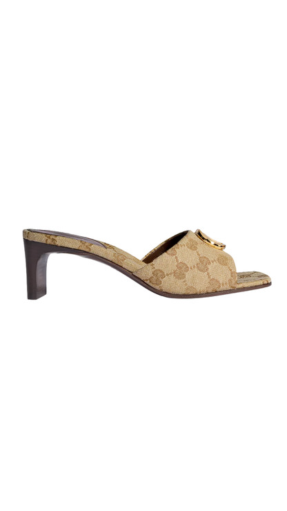 Slide Sandal with Double G in Sand and Dark Brown GG Canvas