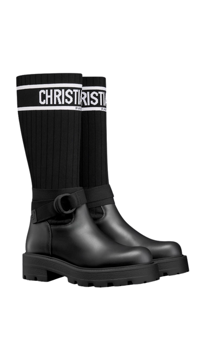 D-Major Boot in Black Calfskin with Black and White Technical Knit