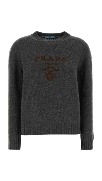 Cashmere and Wool Prada Logo Crew-Neck Sweater in Gray