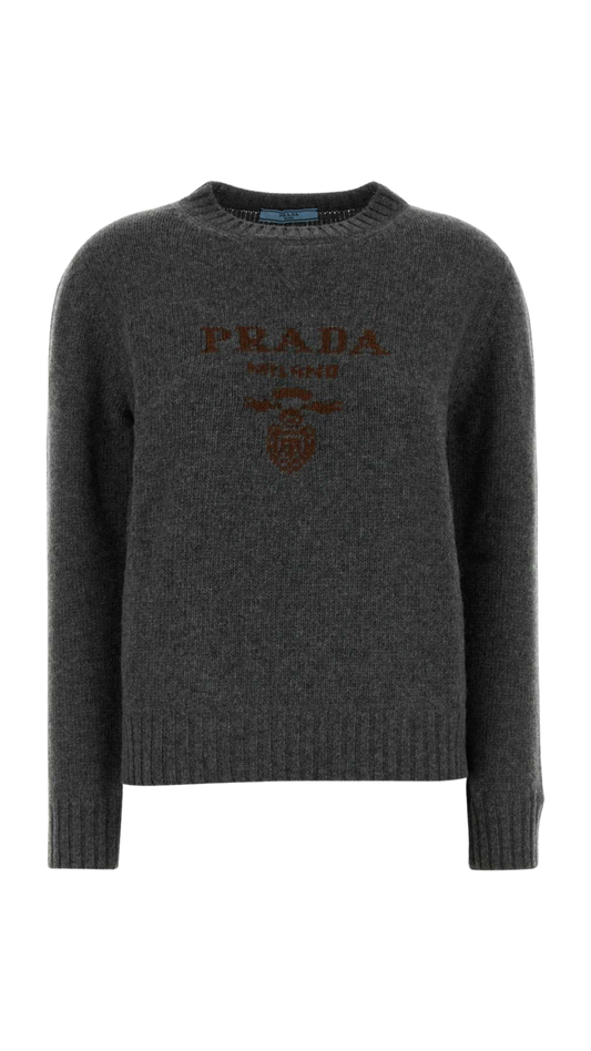 Cashmere and Wool Prada Logo Crew-Neck Sweater in Gray