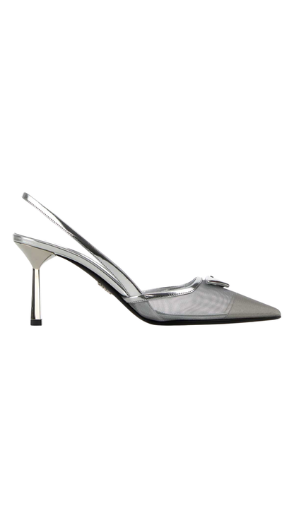Mesh Fabric Slingback Pumps in Silver