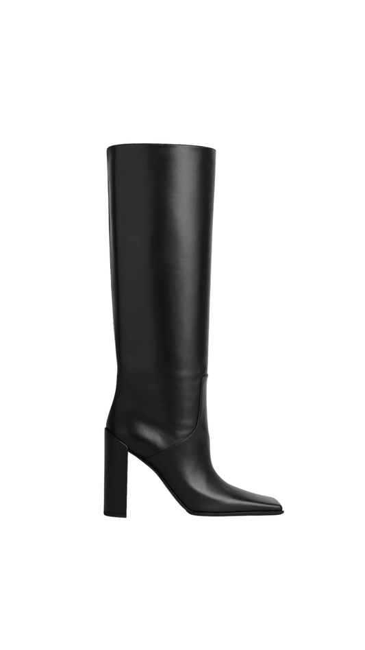 Square Knee Boots in Black Calfskin