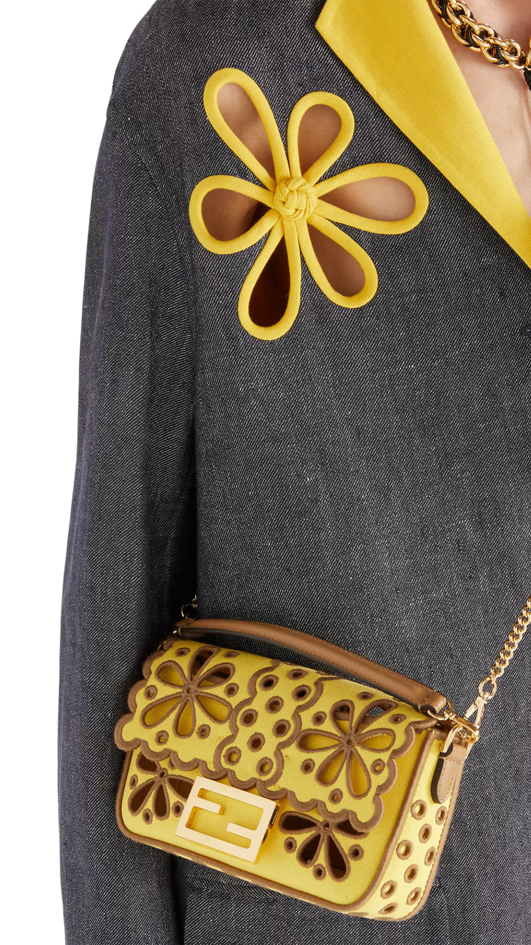 Baguette® Mini en lona Broom Yellow con motivo floral calado