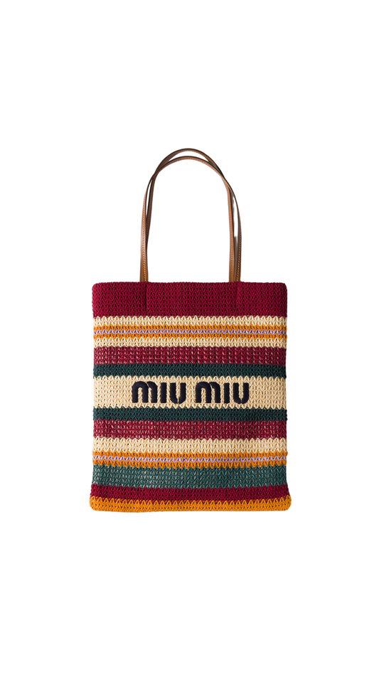 Raffia-Effect Woven Tote Bag in Bordeaux/Teal/Natural