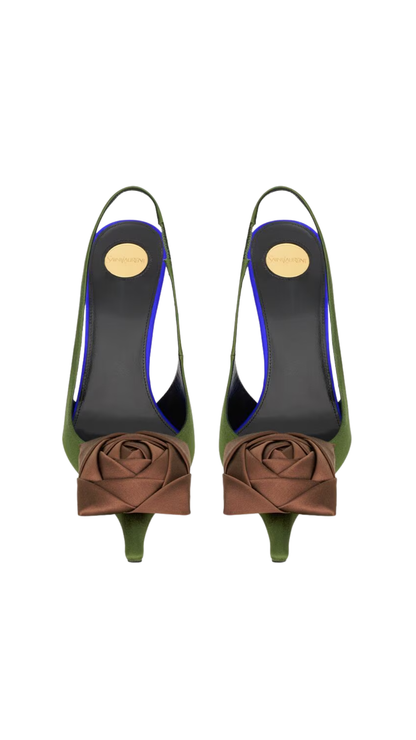 Amalia Slingback Pumps In Dark Olive & Pecan Brown Satin Crepe