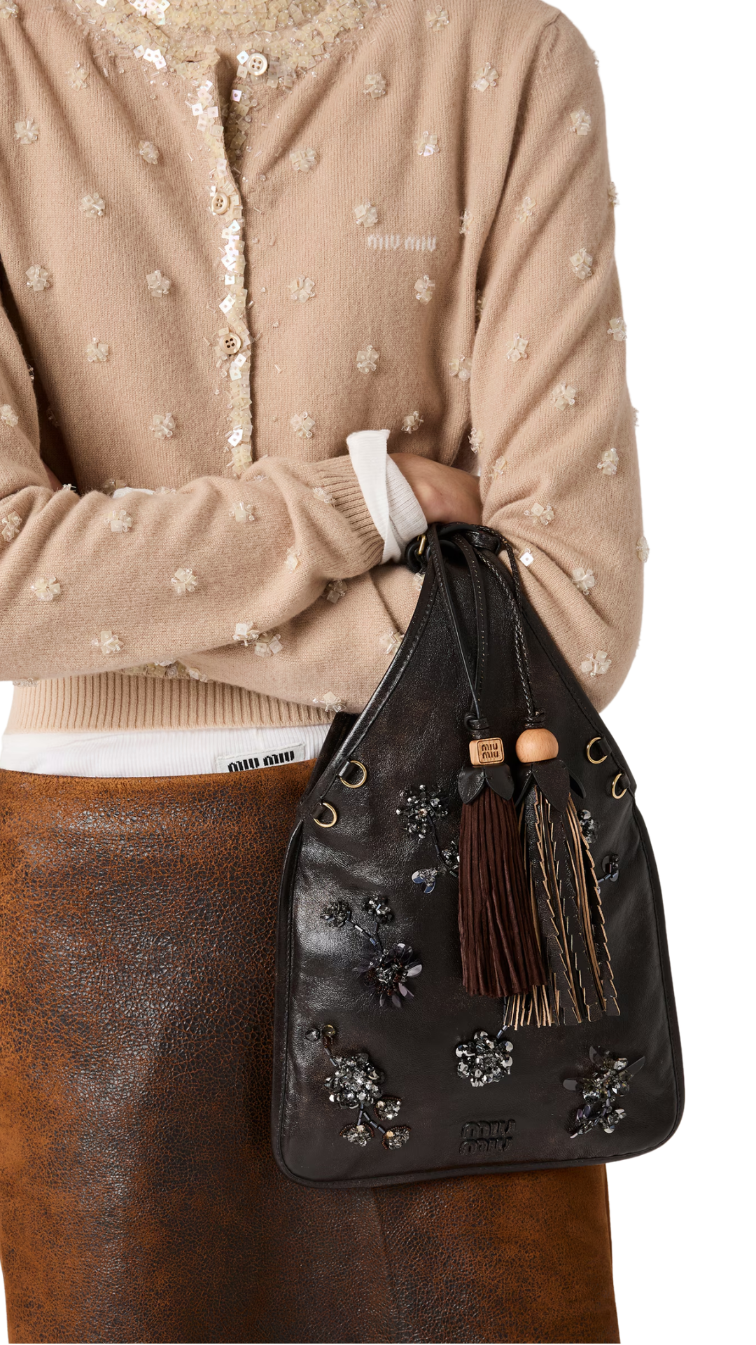 Embroidered Nappa Leather Handbag in Coffee