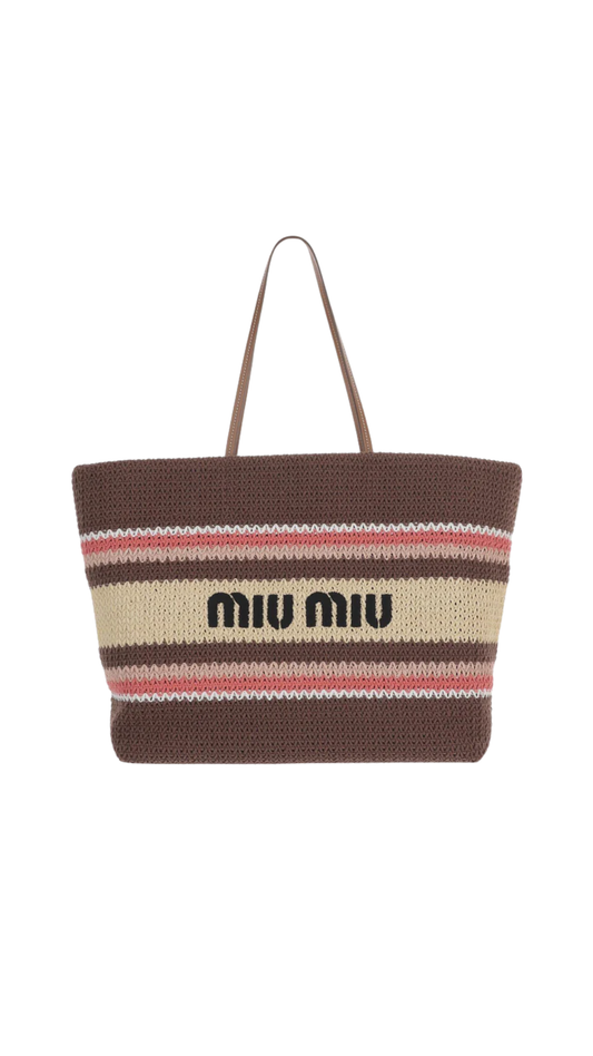 Raffia-Effect Woven Tote Bag in Tobacco/Strawberry/Natural