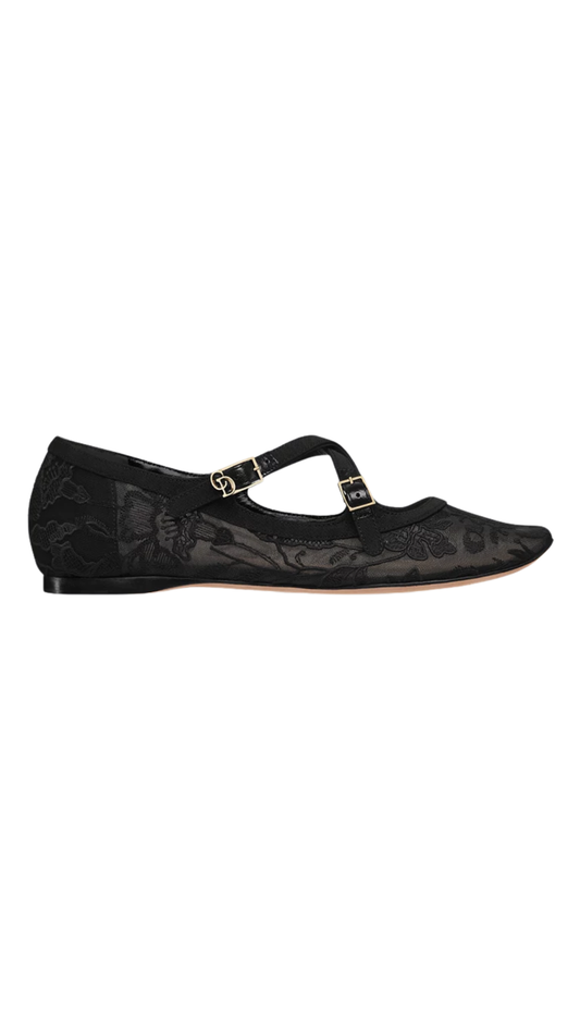 Very Dior Ballet Flat in Transparent Mesh Embroidered with Black Millefiori Motif