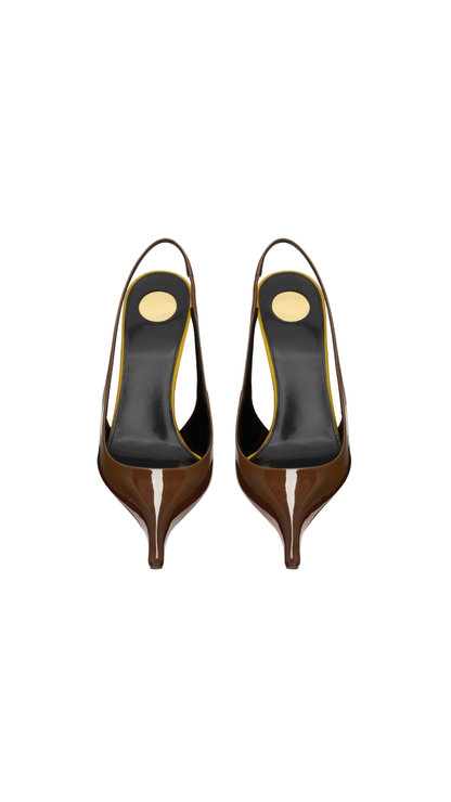 Amalia Slingback Pumps In Wood & Ocre Patent Leather