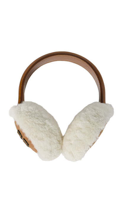 Brown Leather-Shearling Logo Earmuffs