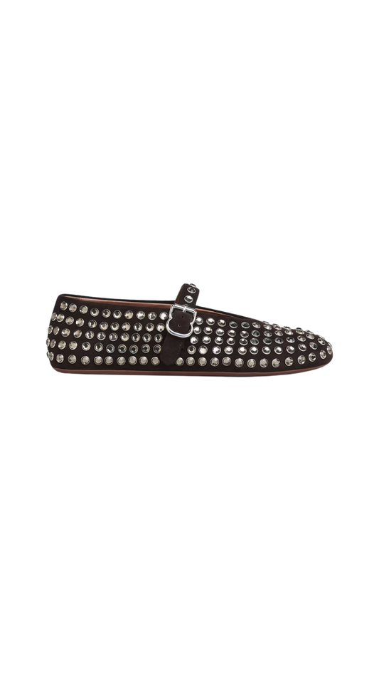 Strass Suede Ballet Flats in Brown