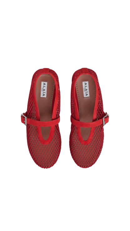 Ballet Flats In Red Fishnet And Suede